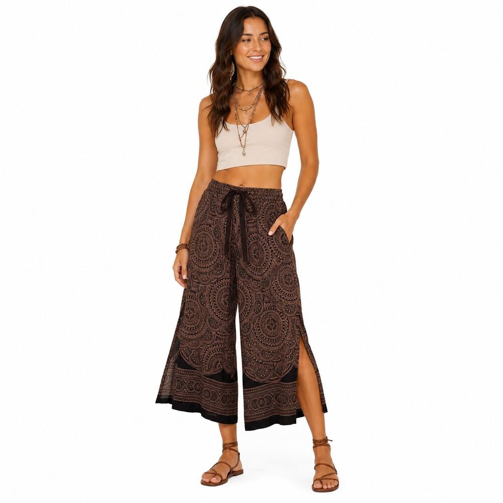 Cropped Wide-Leg Printed Ankle Pants in Brown
